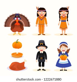 Vector set of thanksgiving icons, characters isolated on white background