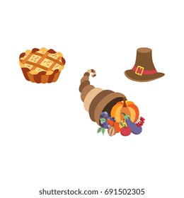 Vector set of thanksgiving pie, horn of plenty and pilgrim hat. Flat illustration isolated on a white background. Cartoon cornucopia, hat and cake. Sign of thanksgiving autumn harvest.