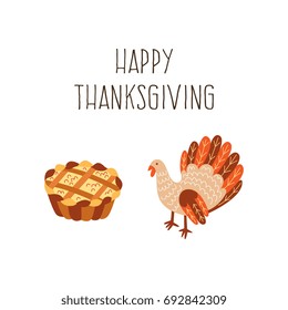 Vector set of thanksgiving pie and turkey. Flat illustration isolated on a white background. Cartoon apple ,pumpkin cake and bird . Sign of thanksgiving, autumn, harvest. Healthy, natural eating.