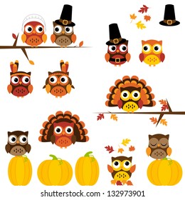 Vector Set of Thanksgiving Themed Owls