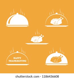 Vector set of thanksgiving turkey and happy thanksgiving text logotype. Concept of yummy dinner or catering. Roasted Chicken