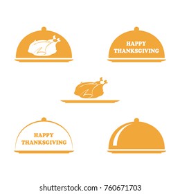 Vector set of thanksgiving turkey and happy thanksgiving text logotype. Concept of yummy dinner or catering. Roasted Chicken