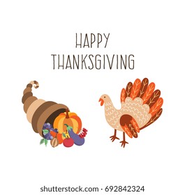 Vector set of thanksgiving turkey and horn of plenty. Flat illustration isolated on a white background. Cartoon cornucopia with vegetables and bird. Sign of thanksgiving autumn harvest. Healthy eating
