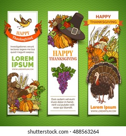 Vector set of Thanksgiving vertical banners. Pilgrim's hat, turkey, cornucopia, pumpkin, corn, wheat, sunflower, walnut, grape, apple, pear, cranberry, mushroom, bird, acorn, autumn leaves and others.