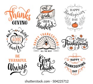 Vector set of Thanksgiving wishes overlays, lettering labels design set. Retro thanksgiving typography badges. Hand drawn isolated emblem with pumpkin, leaves, turkey. Give thanks logos for web, print