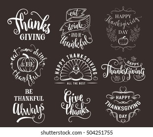 Vector set of Thanksgiving wishes overlays, lettering labels design set. Retro thanksgiving typography badges. Hand drawn isolated emblem with pumpkin, leaves, turkey. Give thanks logos for web, print