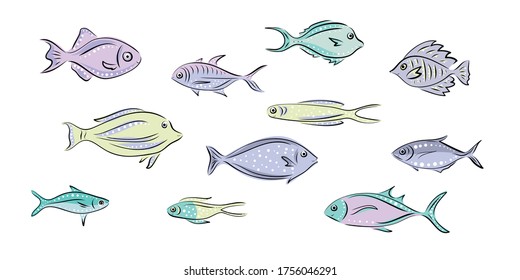 Vector set that represent various sea animals. Abstract decorative cute fish illustration in hand drawing or cartoon style. Graphic design elements for print and web.