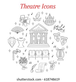 Vector set of theater icons with comedy and tragedy masks, theater building, theatrical binoculars, chandelier, lyre, ballet shoes, seats, spotlight, isolated on white background, hand drawn, doodle.