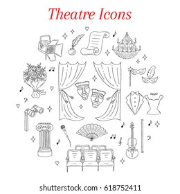 Conjunto vectorial de iconos teatrales con cortinas teatrales, máscaras de comedia y tragedia, columna de Grecia, lámpara de araña, violín, asientos, esmoquin, vestido nocturno, aislado en fondo blanco, dibujado a mano, doodle.