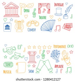 Vector set with theatre icons. Entertainment, show, musical perfomance