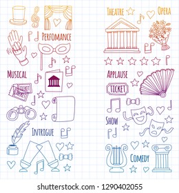 Vector set with theatre icons. Entertainment, show, musical perfomance