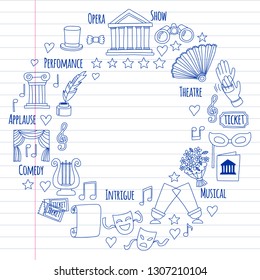 Vector set with theatre icons. Entertainment, show, musical perfomance