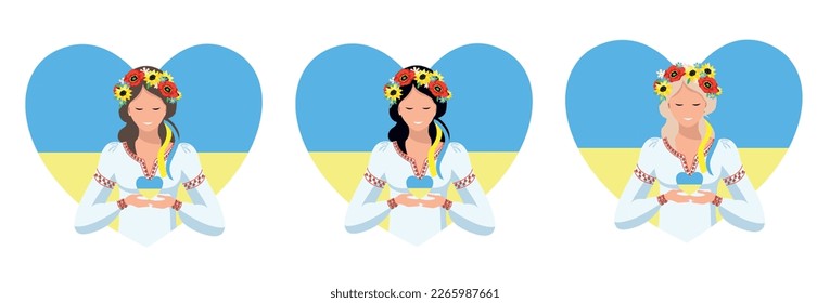 Vector set of their beautiful Ukrainian women in national clothes and a wreath of flowers on the background of the Ukrainian flag in the shape of a heart. Vyshyvanka. I love Ukraine. Support Ukraine.
