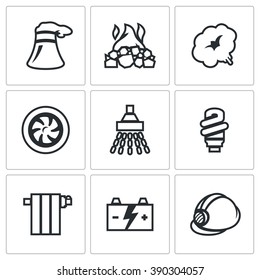 Vector Set of Thermal power plant Icons. Electricity generation by burning fuel and the supply of hot water, electricity and heat in residential and public buildings.