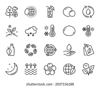 Vector set of Thermometer, Tree and Leaves line icons set. Water glass, Moon stars and Organic tested icons. Snow weather, Water care and Grow plant signs. Thermometer web symbol. Vector