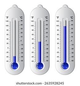vector set of thermometers at different levels with fahrenheit and celsius scale
