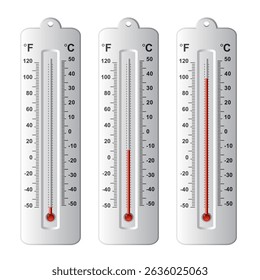 vector set of thermometers at different levels with fahrenheit and celsius scale