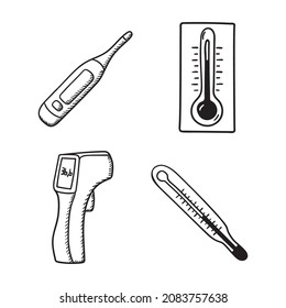 Vector set of thermometers icons, non-contact infrared, mercury, electronic, meteorological in sketch style. Isolated thermometers hand drawn. 