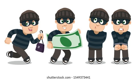 Vector set with thief, robber in black eye mask in different situations. Man, burglar in striped sweater running away with stolen handbag, keeping big banknote, standing in handcuffs, looking around.