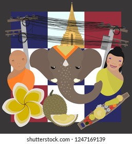 vector set of thiland with poles and wires, wat stupa, buddhist monk, asian elephant, lady boy smile, frangipani flowers, durian fruit, floating market boat