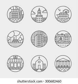 Vector set of thin icons design set. Moder simple line icons. Ultra thin buildings city icons