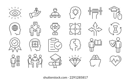 Vector set thin icons related to career progress, coaching, business people training, tutorship and professional consulting service. Mono line pictograms and infographics design elements
