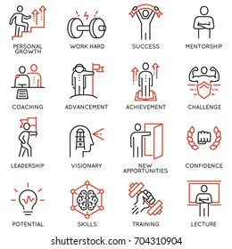 Vector set thin icons related to career progress, coaching, business people training, tutorship and professional consulting service. Mono line pictograms and infographics design elements - part 4