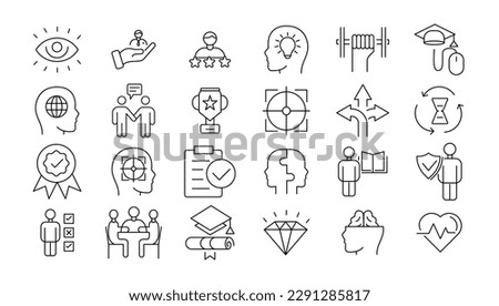 Vector set thin icons related to career progress, coaching, business people training, tutorship and professional consulting service. Mono line pictograms and infographics design elements
