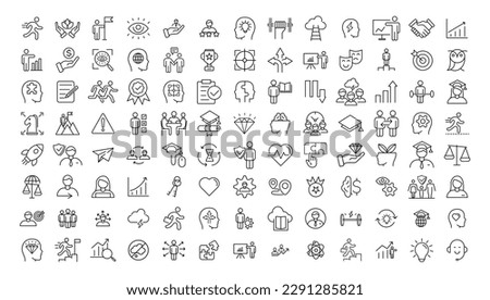 Vector set thin icons related to career progress, coaching, business people training, tutorship and professional consulting service. Mono line pictograms and infographics design elements
