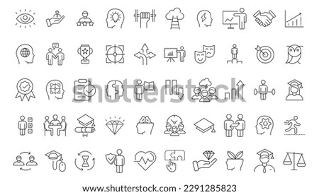 Vector set thin icons related to career progress, coaching, business people training, tutorship and professional consulting service. Mono line pictograms and infographics design elements
