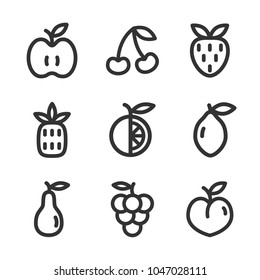 Vector set of thin line fruit icons. Apple, orange, strawberry, pineapple, cherry, lemon, pear grape peach Flat vector illustration