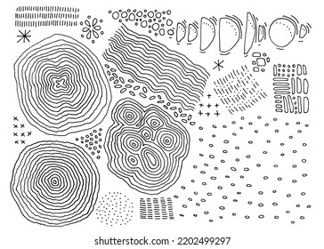 Vector set of thin line hand drawn textures. Lines, concentric circles, abstract wood texture, smears, waves, stars, dots, organic shapes. Hand drawn elements for your graphic design
