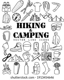 Vector set of Thin line Icons - Hiking camping travel objects