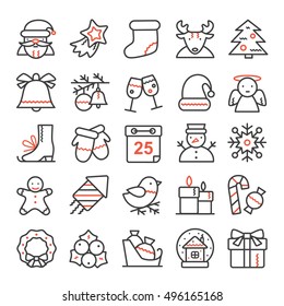 Vector set of thin line icons for Christmas and new year. Modern design elements for a holiday.