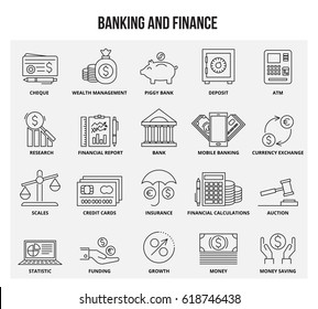 Vector set of thin line icons of banking and finance . Mono line pictograms and infographics design elements.