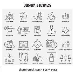 Vector set of thin line icons of corporate management and business. Mono line pictograms and infographics design elements.