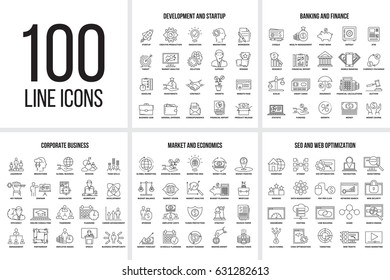 Vector set of thin line icons of corporate management, business, market, economics, banking, finance, seo, web optimization and startup. Mono line pictograms and infographics design elements.