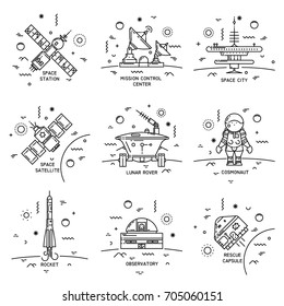 Vector set of thin line icons of cosmos equipment, machinery. Observatory, rescue capsule, lunar rover, cosmonaut, station, satellite, mission control center, rocket.