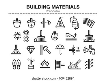 Vector set of thin line icons of building materials characteristics. For conventions, instructions for storage, rules of use and packaging.
