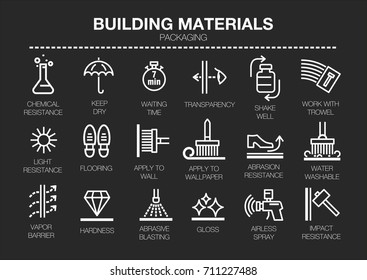 Vector set of thin line icons of building materials characteristics on black background. For conventions, instructions for storage, rules of use and packaging.