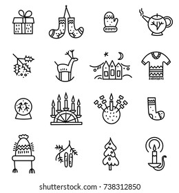 Vector set of thin line  icons of cute Christmas symbols.