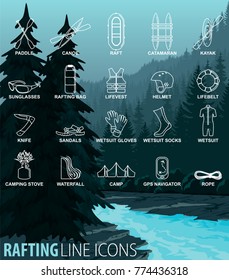 vector set of thin line Icons - rafting whitewater travel