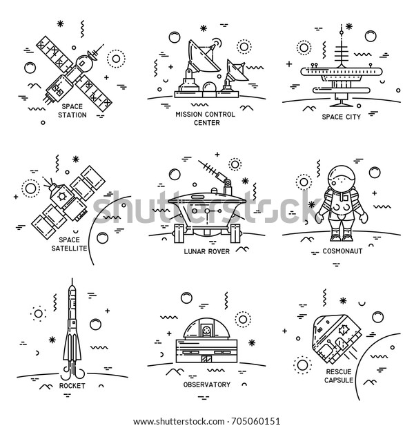 Vector set of thin line icons of
cosmos equipment, machinery. Observatory, rescue capsule, lunar
rover, cosmonaut, station, satellite, mission control center,
rocket.