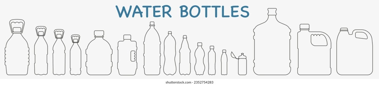 Vector set of thin line water bottles isolated on white background. Water bottles. EPS 10.