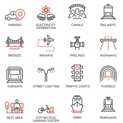 Vector Set Of Thin Linear 16 Icons Related To Facility Management, Smart City And Urban Development. Mono Line Pictograms And Infographics Design Elements - Part 1