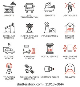 Vector set of thin linear 16 icons related to facility management, smart city and urban development. Mono line pictograms and infographics design elements - part 2