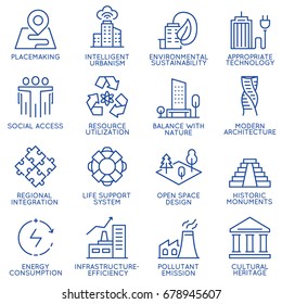 Vector set of thin linear 16 icons related to technology for intelligent urbanism, smart city and urban development. Mono line pictograms and infographics design elements - part 1