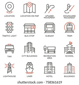 Vector set of thin linear 16 icons related to infrastructure, urban environment, city development and street transportations. Mono line pictograms and infographics design elements 