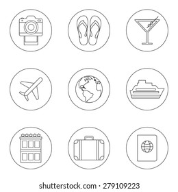 Vector set of thin outline style travel icons