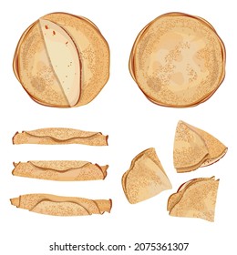 Vector set of thin pancakes isolated on white background.